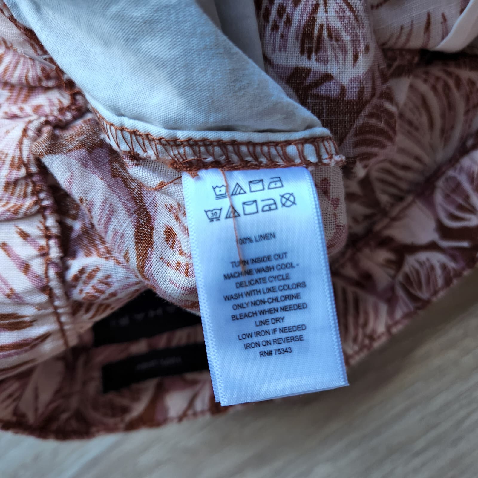 NWT Tahari 100% Linen Tropical Leaf Printed Shorts Drawstring Pocket Brown Sz.L - Thumbnail 5