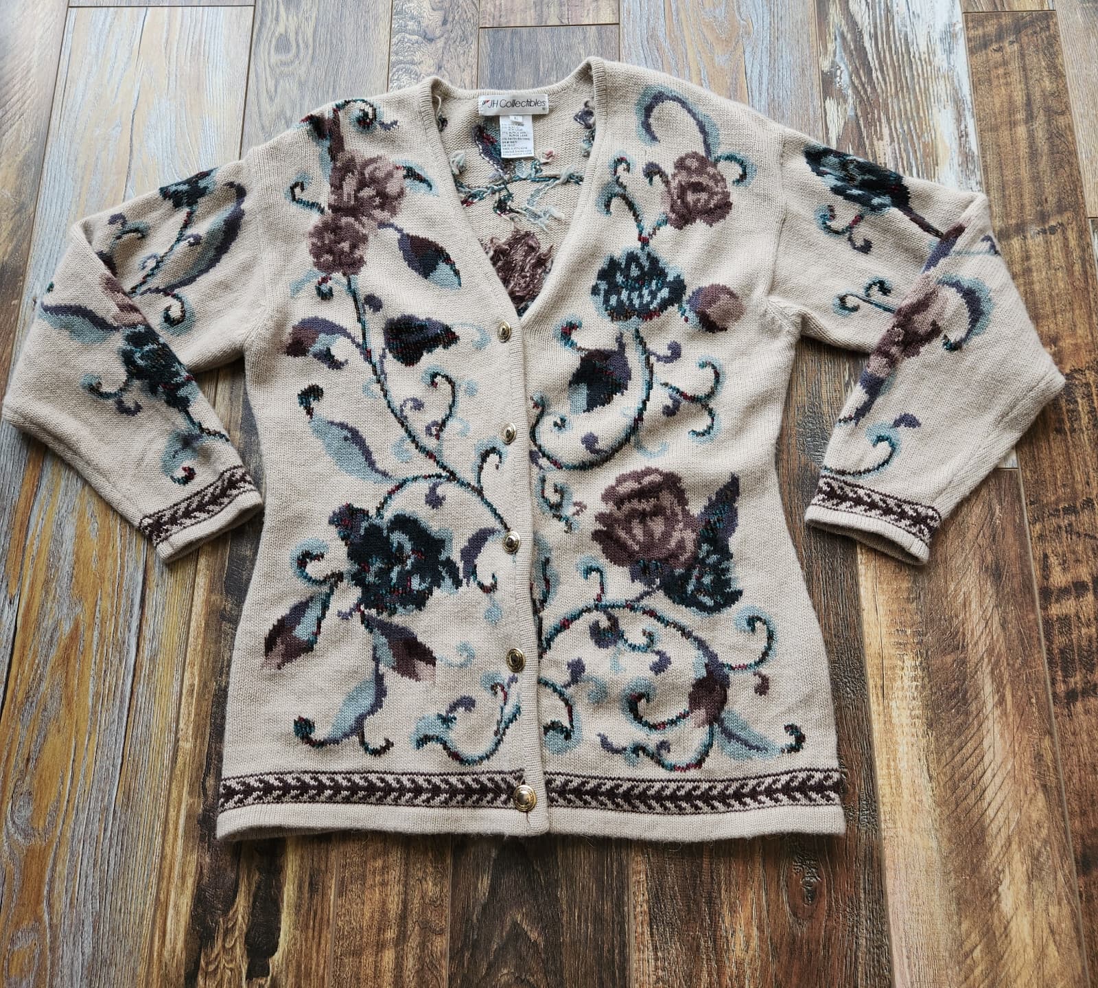 Vintage JH Collectibles Wool Alpaca Floral Cottagecore Granny Cardigan Beige L - Thumbnail 4