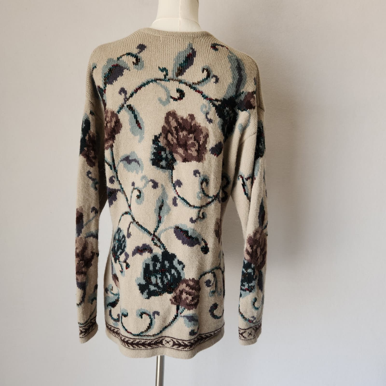 Vintage JH Collectibles Wool Alpaca Floral Cottagecore Granny Cardigan Beige L - Thumbnail 10
