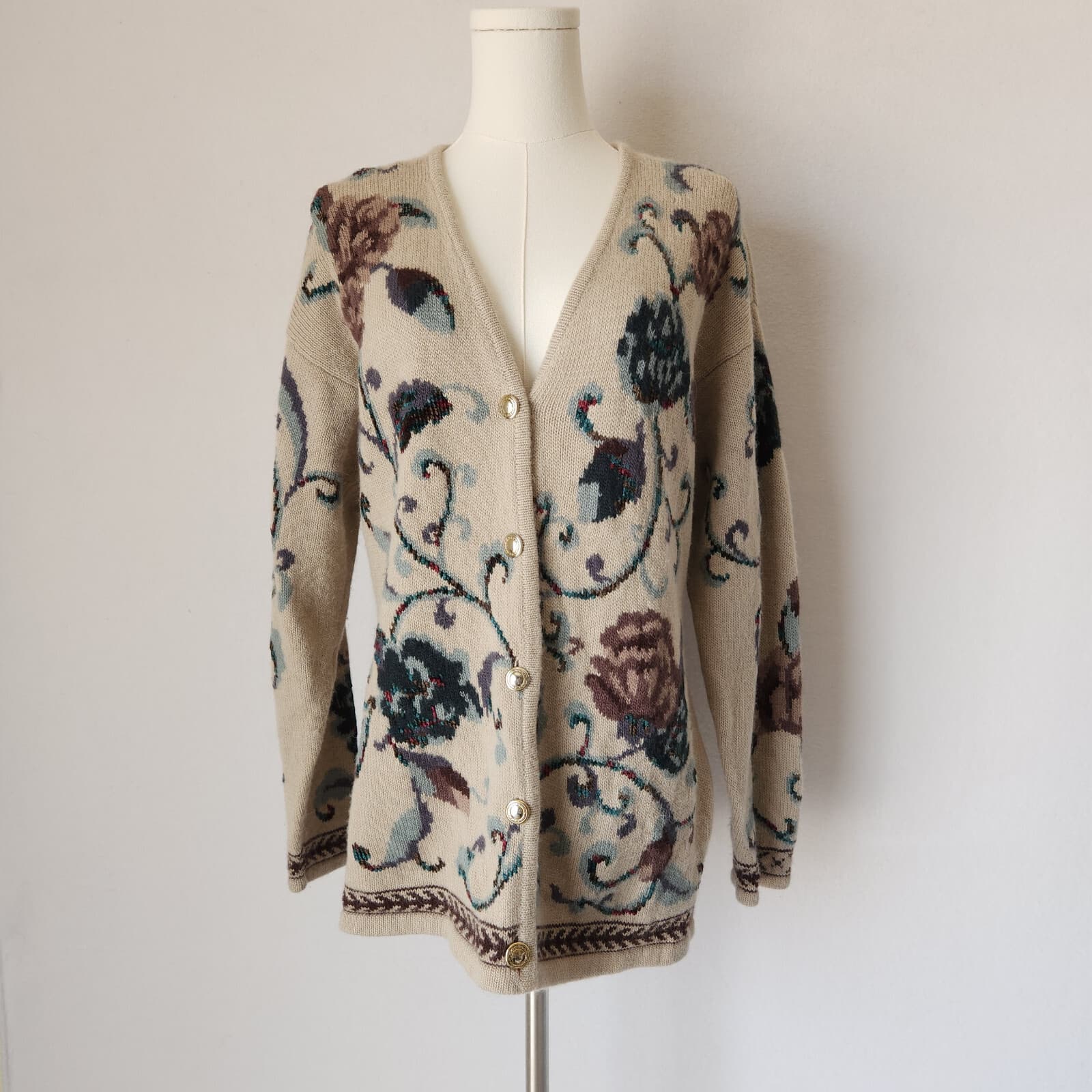 Vintage JH Collectibles Wool Alpaca Floral Cottagecore Granny Cardigan Beige L - Thumbnail 2