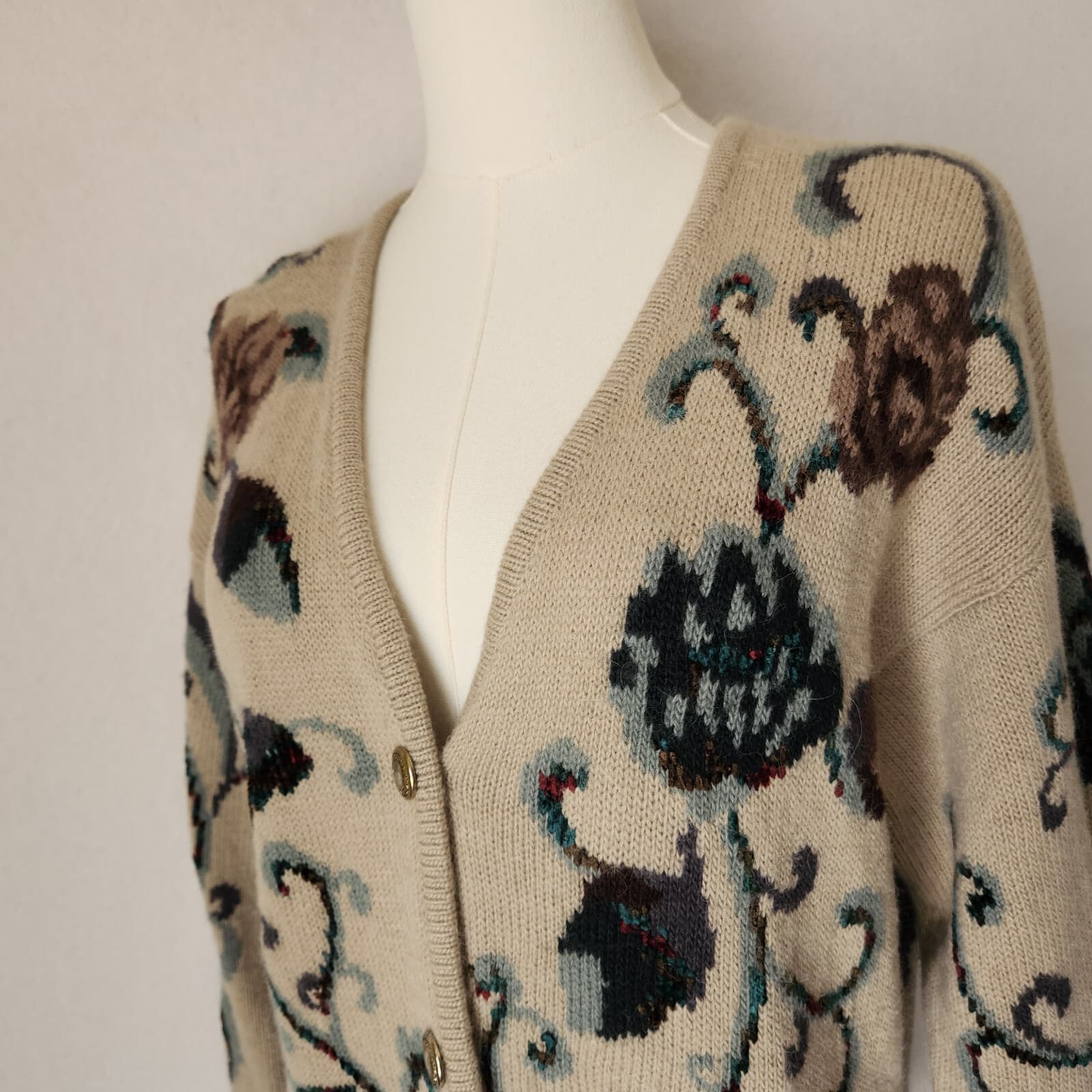 Vintage JH Collectibles Wool Alpaca Floral Cottagecore Granny Cardigan Beige L - Thumbnail 5