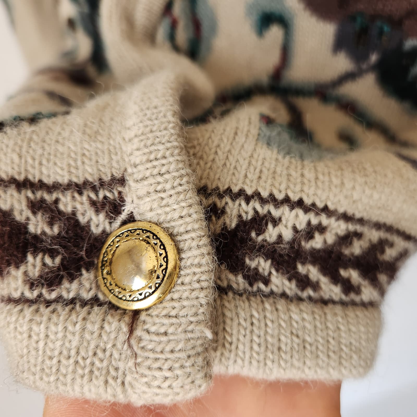 Vintage JH Collectibles Wool Alpaca Floral Cottagecore Granny Cardigan Beige L - Thumbnail 6