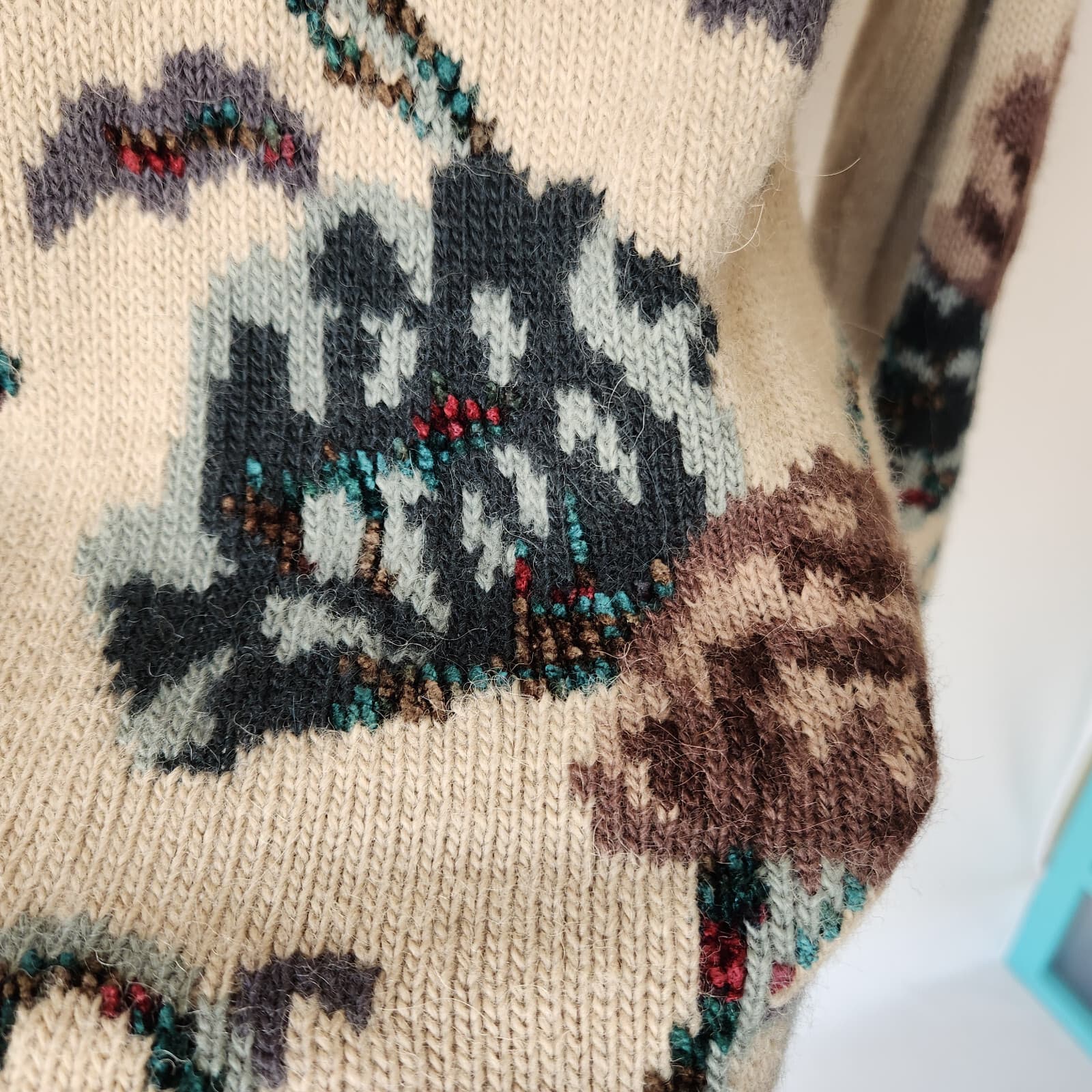 Vintage JH Collectibles Wool Alpaca Floral Cottagecore Granny Cardigan Beige L - Thumbnail 9