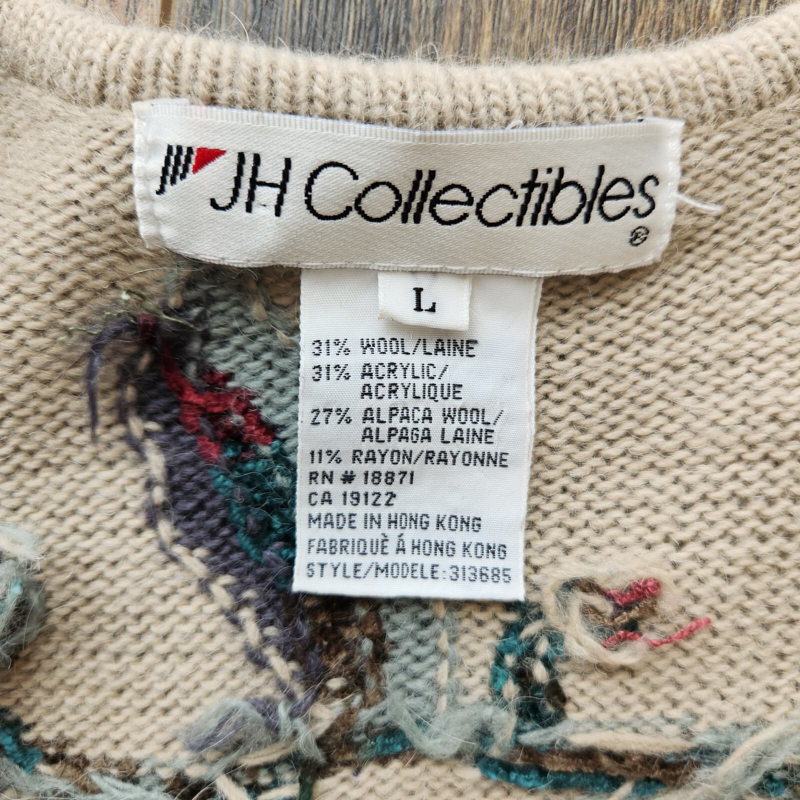 Vintage JH Collectibles Wool Alpaca Floral Cottagecore Granny Cardigan Beige L - Thumbnail 11