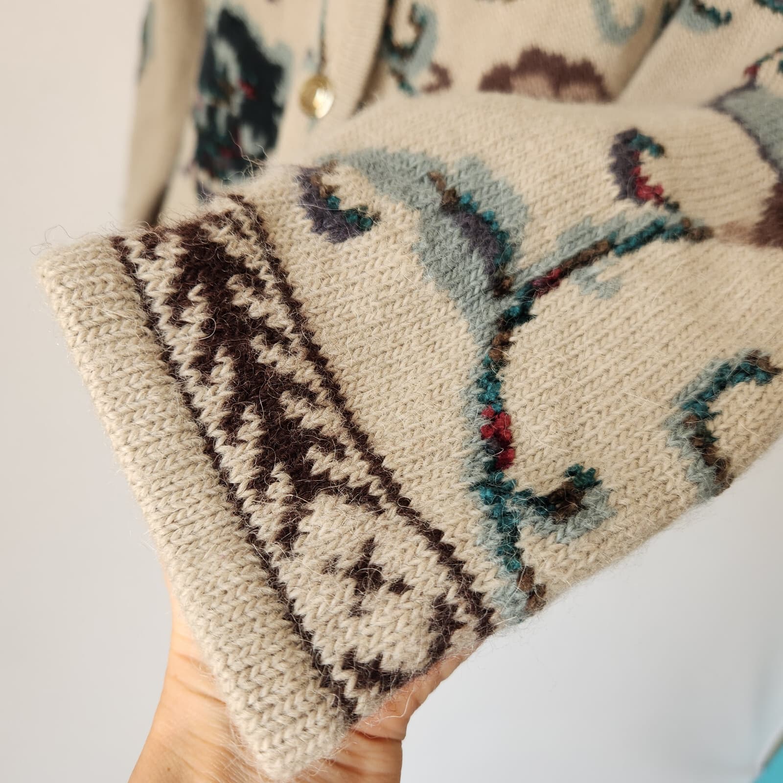 Vintage JH Collectibles Wool Alpaca Floral Cottagecore Granny Cardigan Beige L - Thumbnail 8