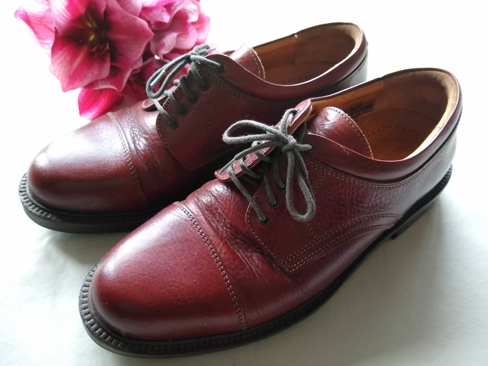 JOHNSTON&MURPHY Men Leather Cap Toe Shoes Made in Italy Lace-up Brown Sz.8 M - Thumbnail 2