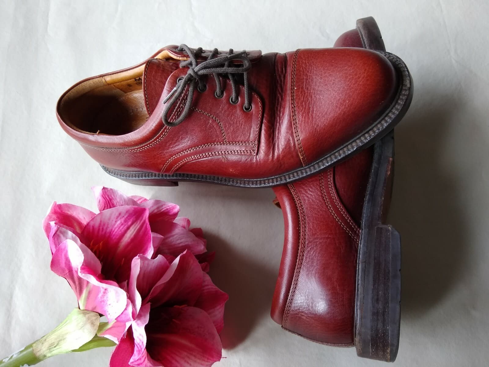 JOHNSTON&MURPHY Men Leather Cap Toe Shoes Made in Italy Lace-up Brown Sz.8 M - Thumbnail 3