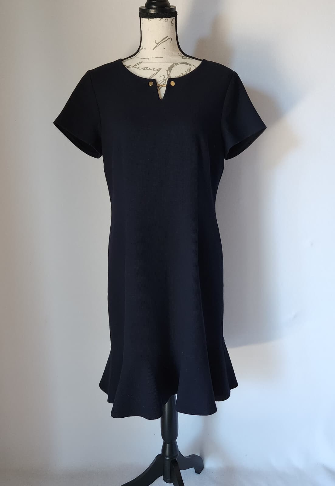 Talbots Midi Sheath Dress Peplum Hem Short Sleeve Textured Navy Blue Petites 12 - Thumbnail 2
