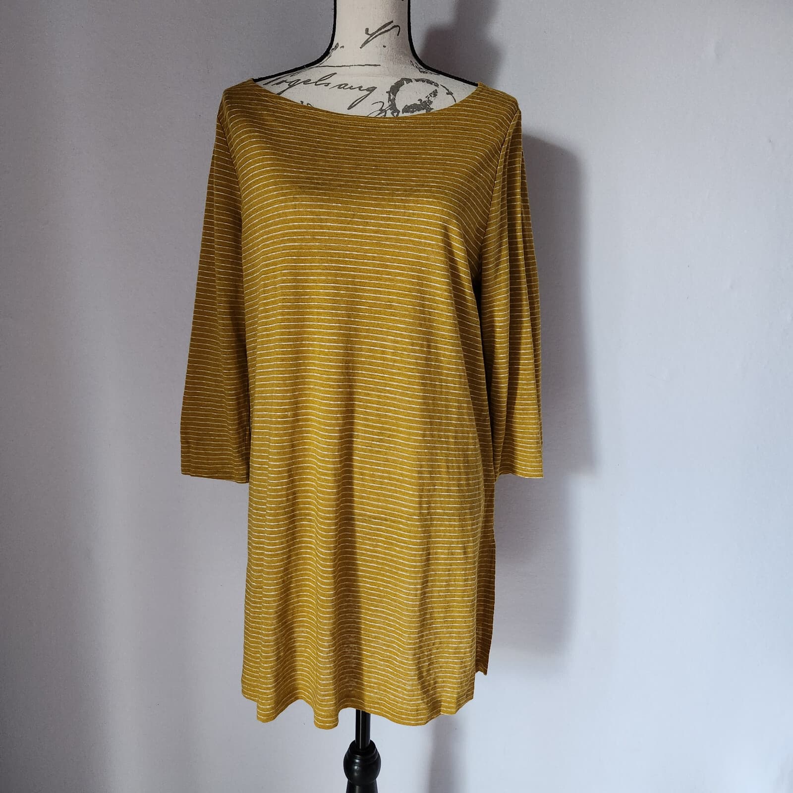EILEEN FISHER Organic Linen Tunic Top 3/4 Sleeve Scoopneck Pin Stripe Yellow L - Thumbnail 2