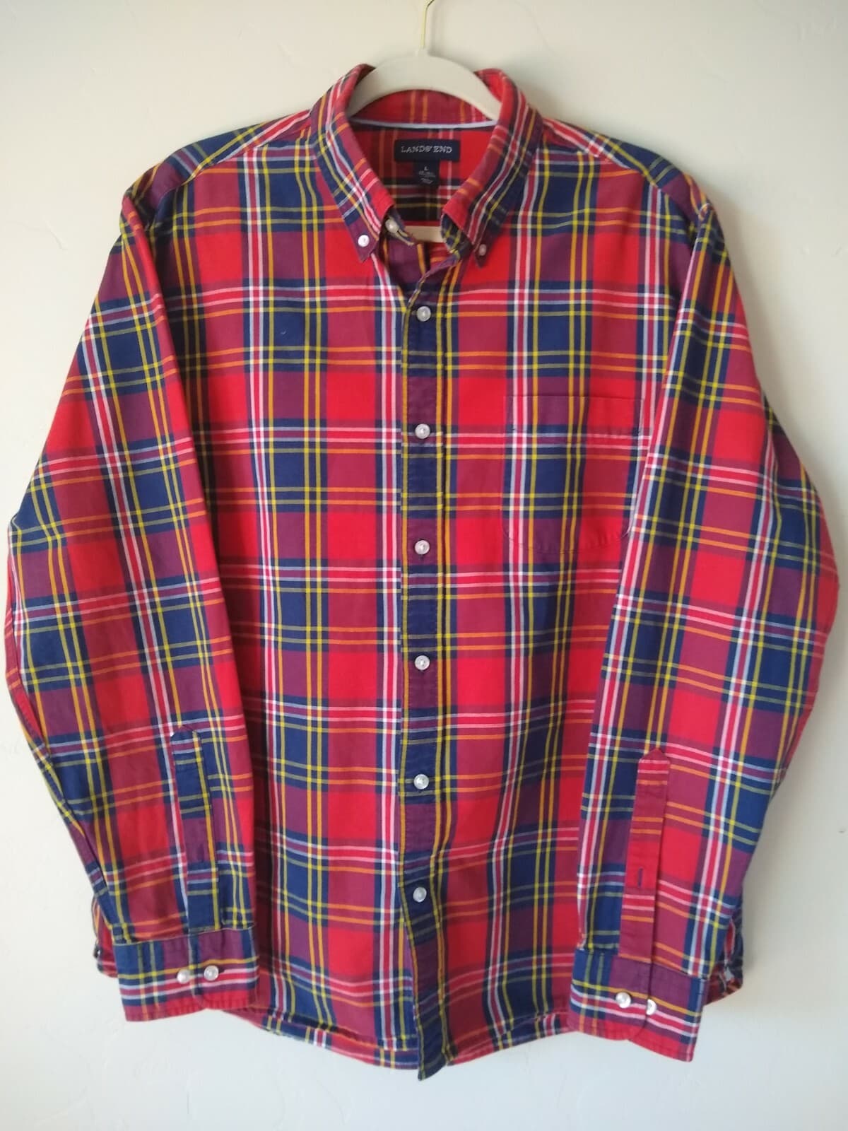 LANDS' END Cotton Shirt Long Sleeves Buttons Plaid Red Sz.L (16)