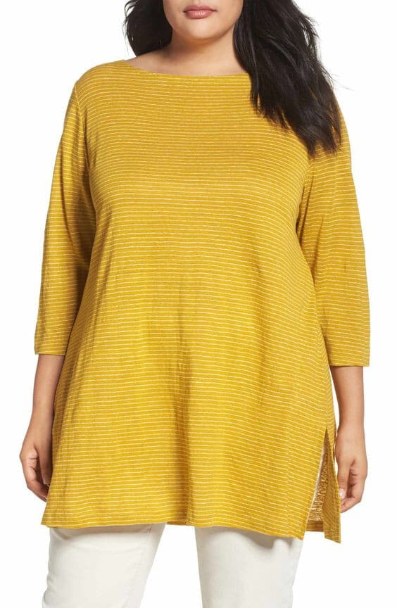 EILEEN FISHER Organic Linen Tunic Top 3/4 Sleeve Scoopneck Pin Stripe Yellow L - Thumbnail 3