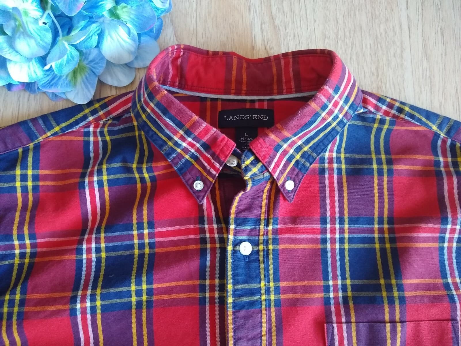 LANDS' END Cotton Shirt Long Sleeves Buttons Plaid Red Sz.L (16) - Thumbnail 5