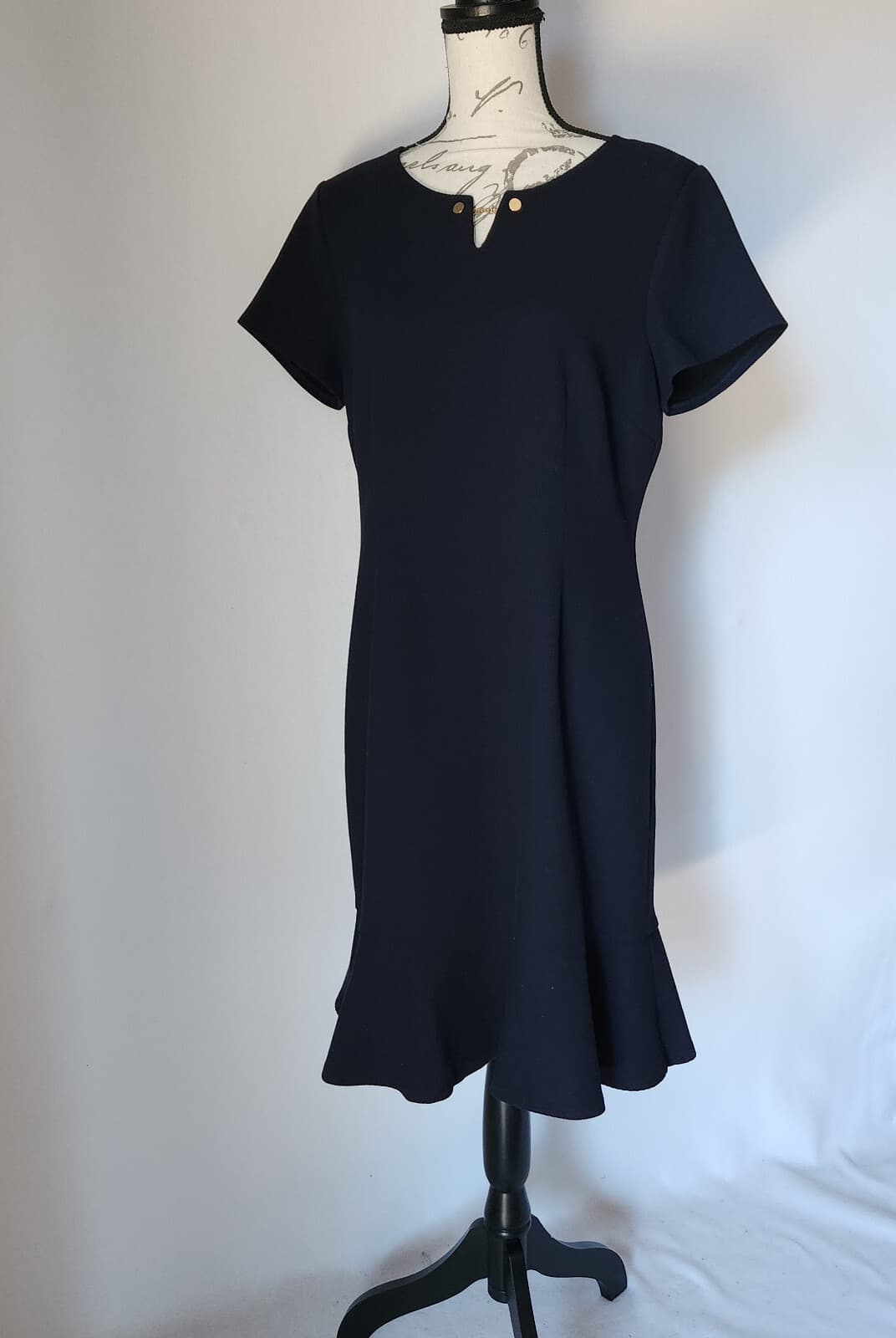 Talbots Midi Sheath Dress Peplum Hem Short Sleeve Textured Navy Blue Petites 12 - Thumbnail 3