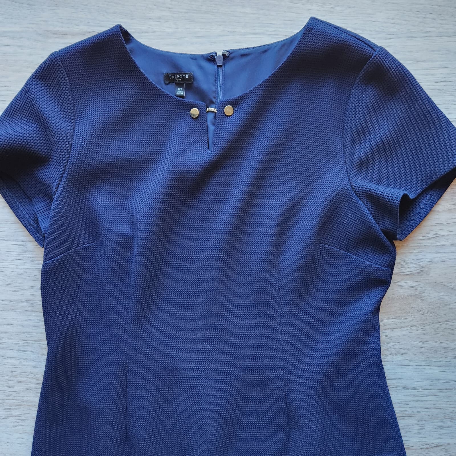 Talbots Midi Sheath Dress Peplum Hem Short Sleeve Textured Navy Blue Petites 12 - Thumbnail 6