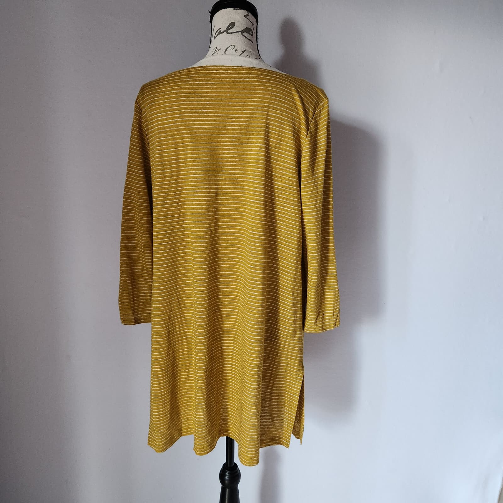 EILEEN FISHER Organic Linen Tunic Top 3/4 Sleeve Scoopneck Pin Stripe Yellow L - Thumbnail 5