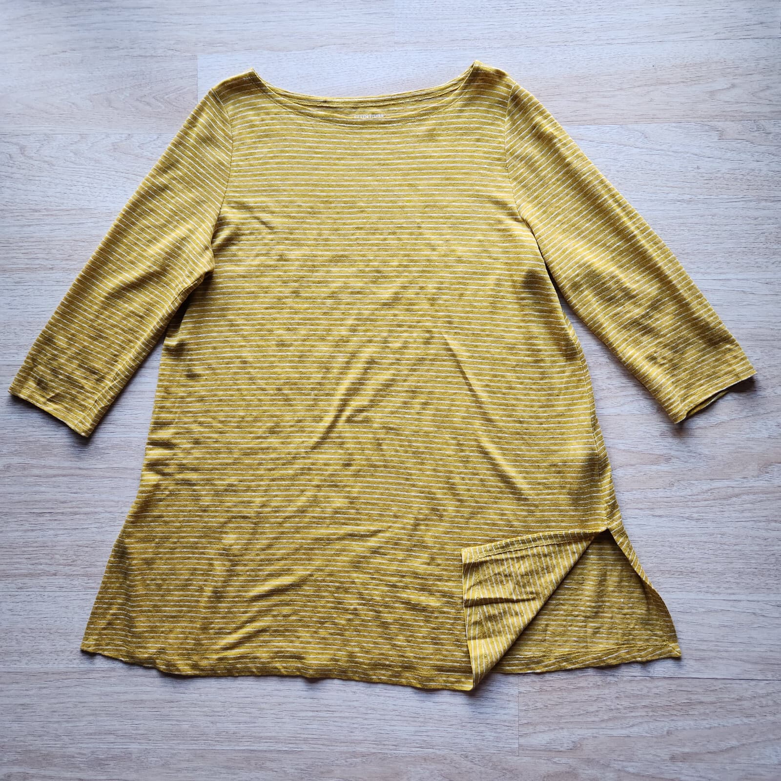 EILEEN FISHER Organic Linen Tunic Top 3/4 Sleeve Scoopneck Pin Stripe Yellow L - Thumbnail 6