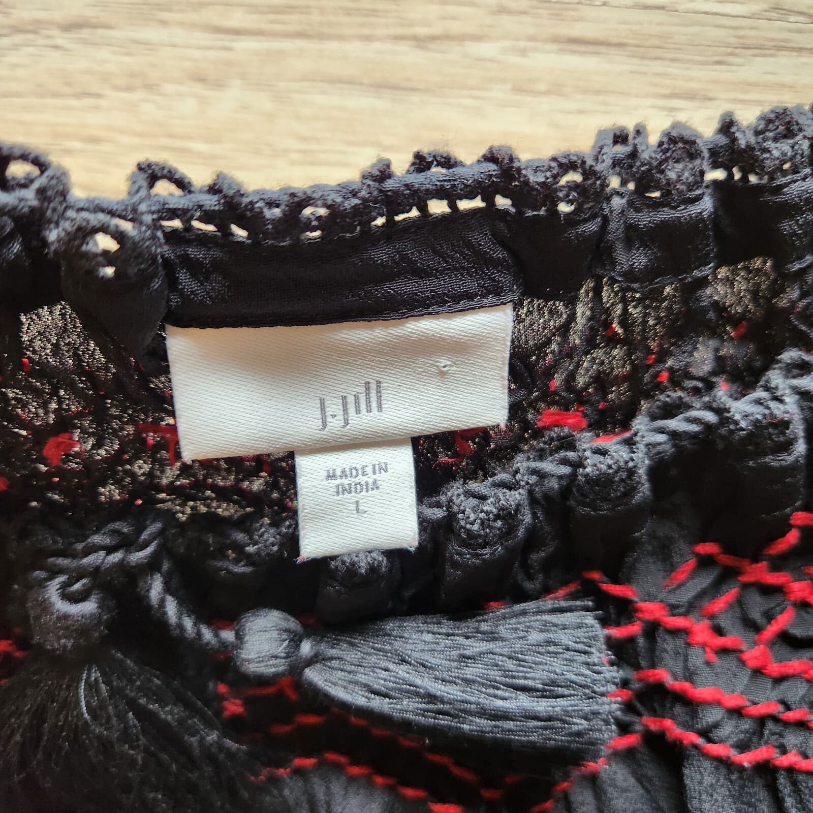 J.Jill Embroidered Floral Boho Tassel Tunic Blouse Long Sleeve Rayon Black Sz.L - Thumbnail 9