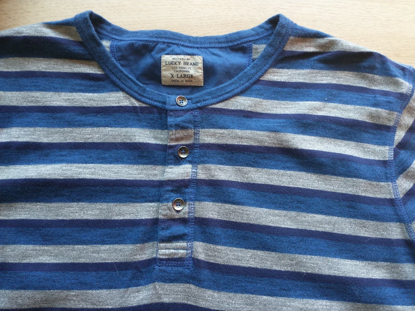 Lucky Brand Men Cotton Knit Long Sleeve T-Shirt 3/4 Button Blue Gray Strip Sz.XL - Thumbnail 2