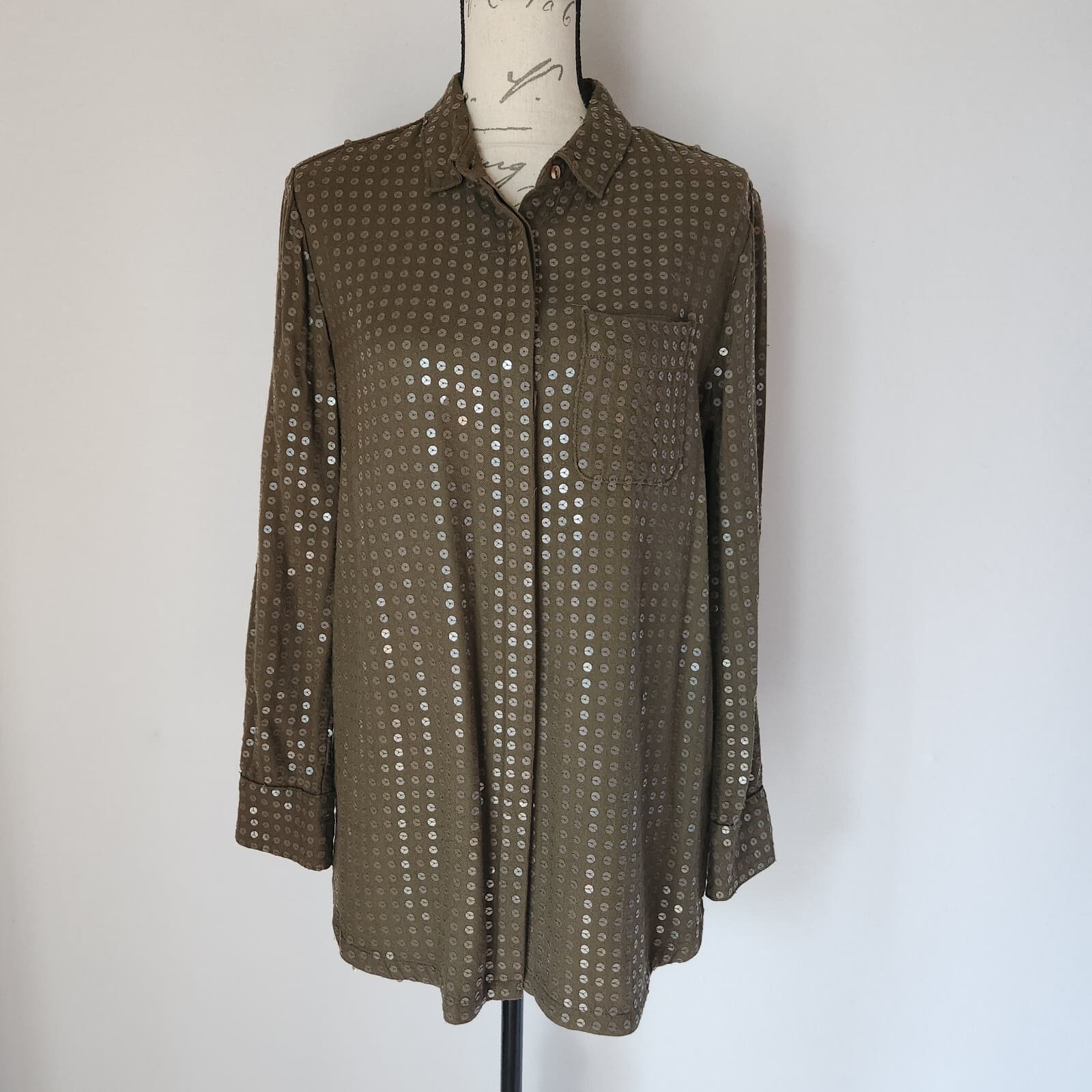 Maeve Anthropologie Arwa Sequin Button Down Shirt Long Sleeve Olive Green Sz.S - Thumbnail 2