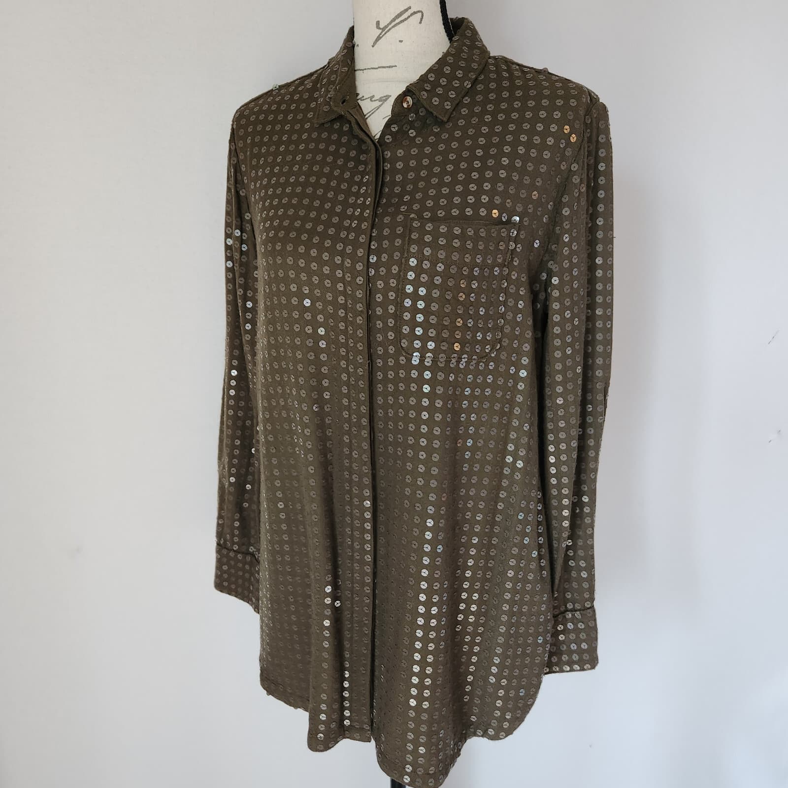 Maeve Anthropologie Arwa Sequin Button Down Shirt Long Sleeve Olive Green Sz.S - Thumbnail 3