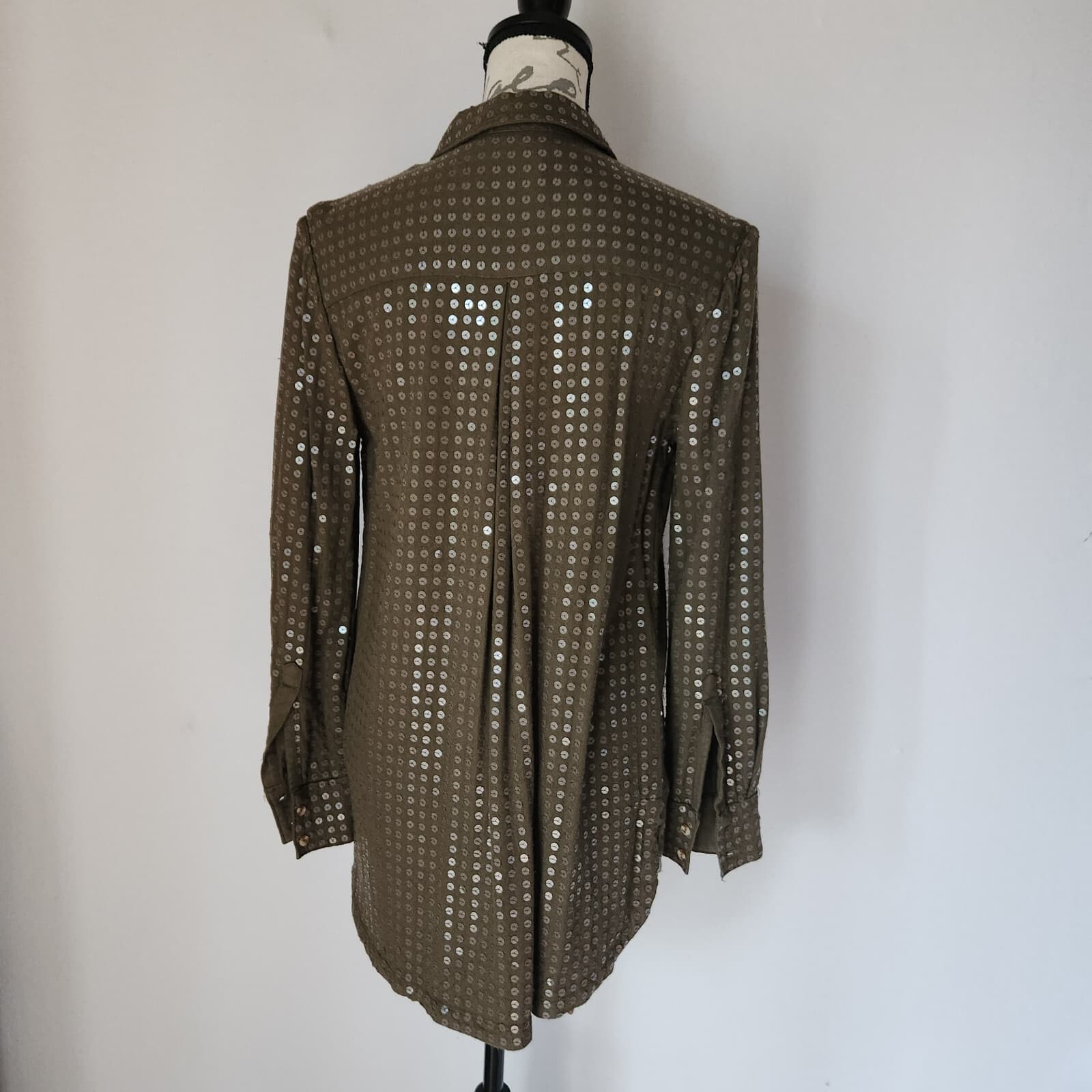 Maeve Anthropologie Arwa Sequin Button Down Shirt Long Sleeve Olive Green Sz.S - Thumbnail 5