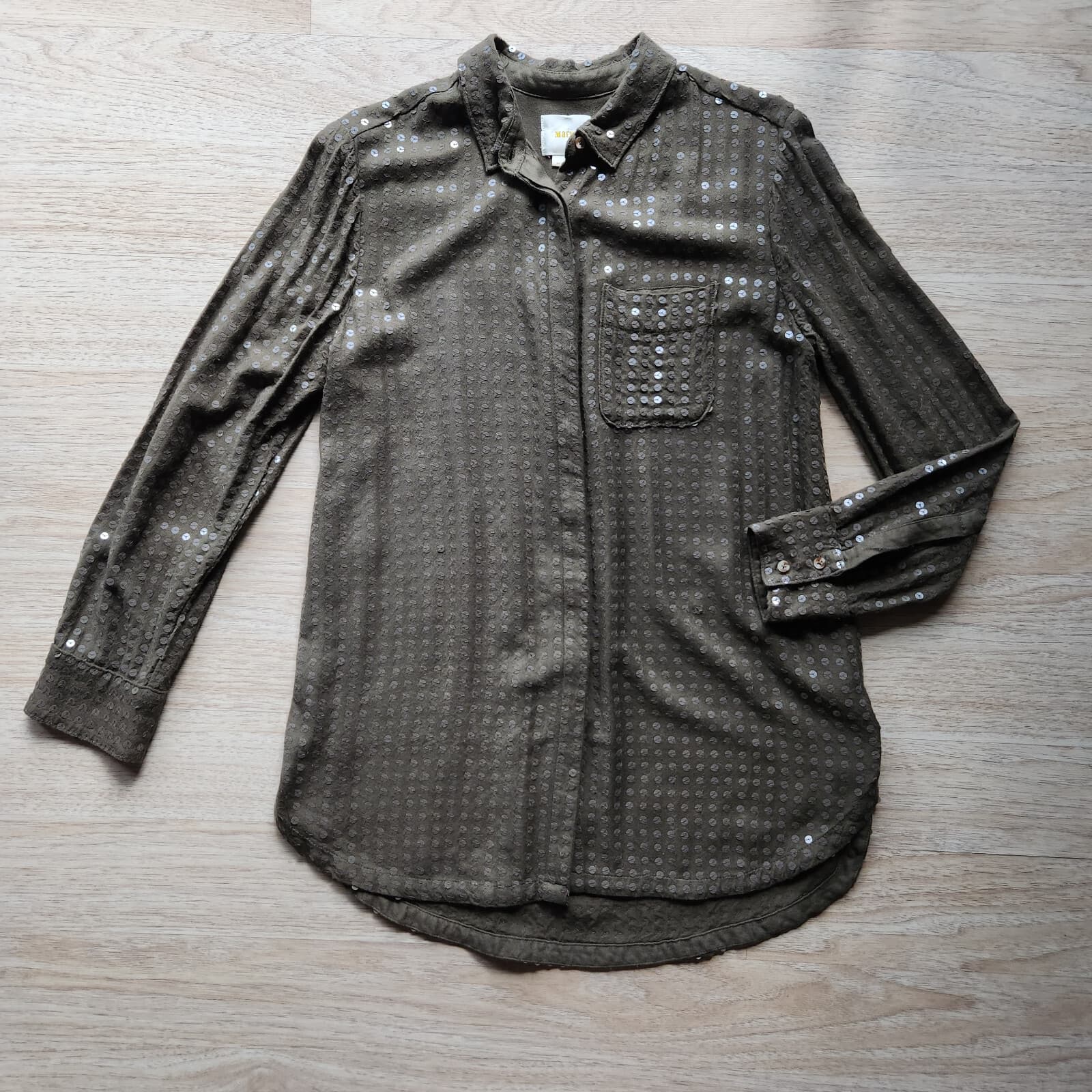Maeve Anthropologie Arwa Sequin Button Down Shirt Long Sleeve Olive Green Sz.S - Thumbnail 6