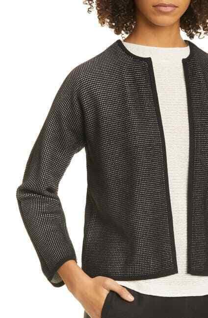 EILEEN FISHER Silk Organic Cotton Open Front Cardigan Texture Black Bust 40" (S) - Thumbnail 4