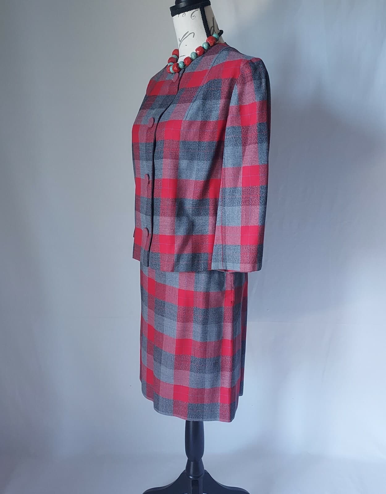 Vintage Custom Made Wool 2Pc Blazer Skirt Set Button Pencil Lined Red Plaid S/M - Thumbnail 5