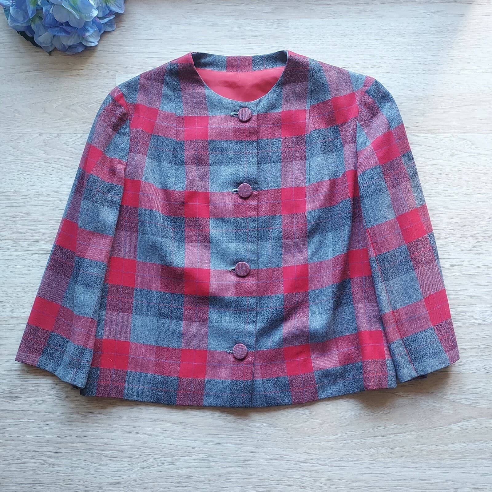 Vintage Custom Made Wool 2Pc Blazer Skirt Set Button Pencil Lined Red Plaid S/M - Thumbnail 3