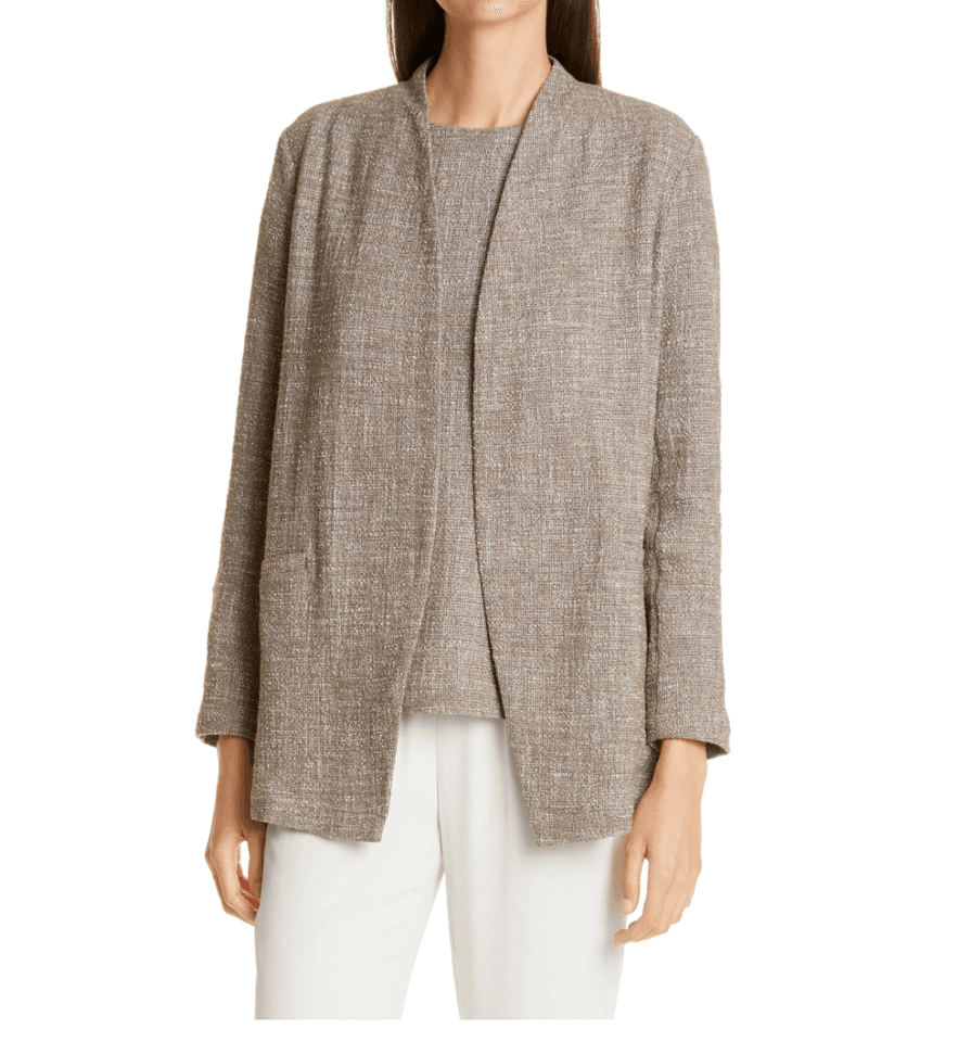 EILEEN FISHER Slub Tweed Open Front Jacket Pocket Cotton Blend Driftwood Sz.M - Thumbnail 4