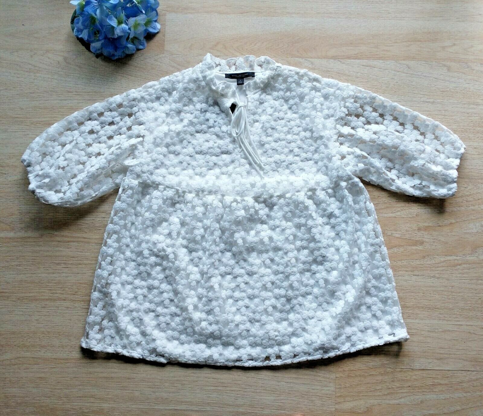 NWT Marc NY Andrew Marc Embroidered Lace Tunic Top 3/4 Puff Sleeve White S $69 - Thumbnail 2