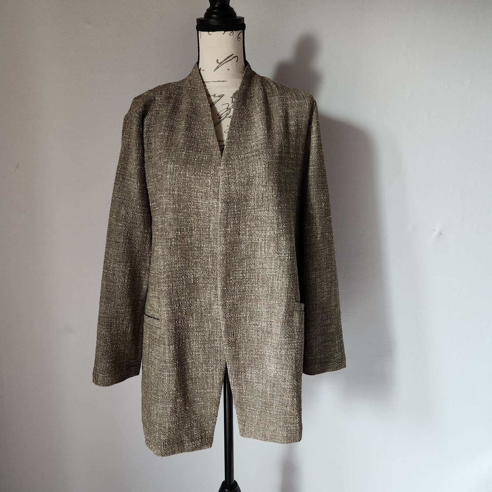 EILEEN FISHER Slub Tweed Open Front Jacket Pocket Cotton Blend Driftwood Sz.M - Thumbnail 2