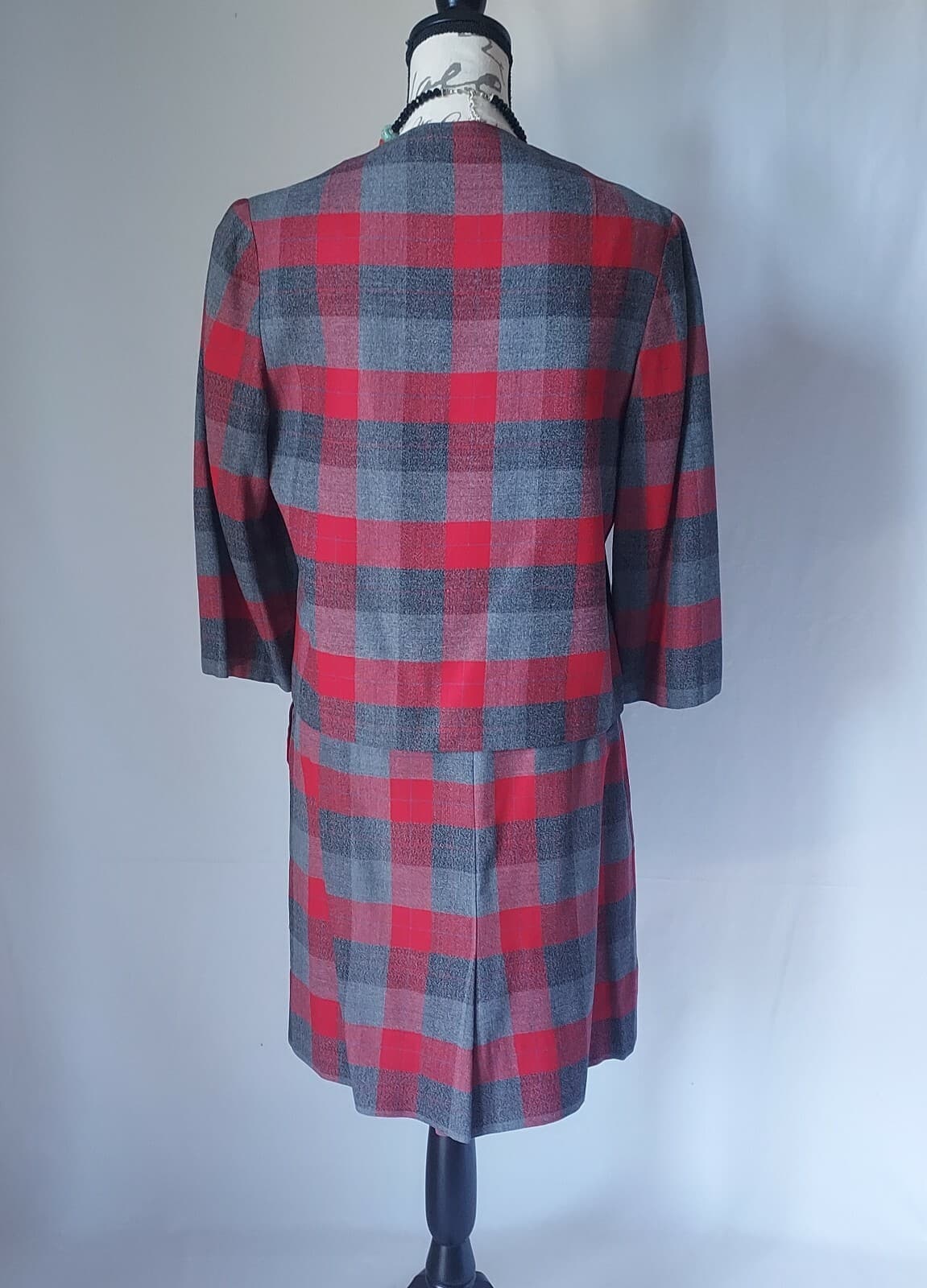 Vintage Custom Made Wool 2Pc Blazer Skirt Set Button Pencil Lined Red Plaid S/M - Thumbnail 6