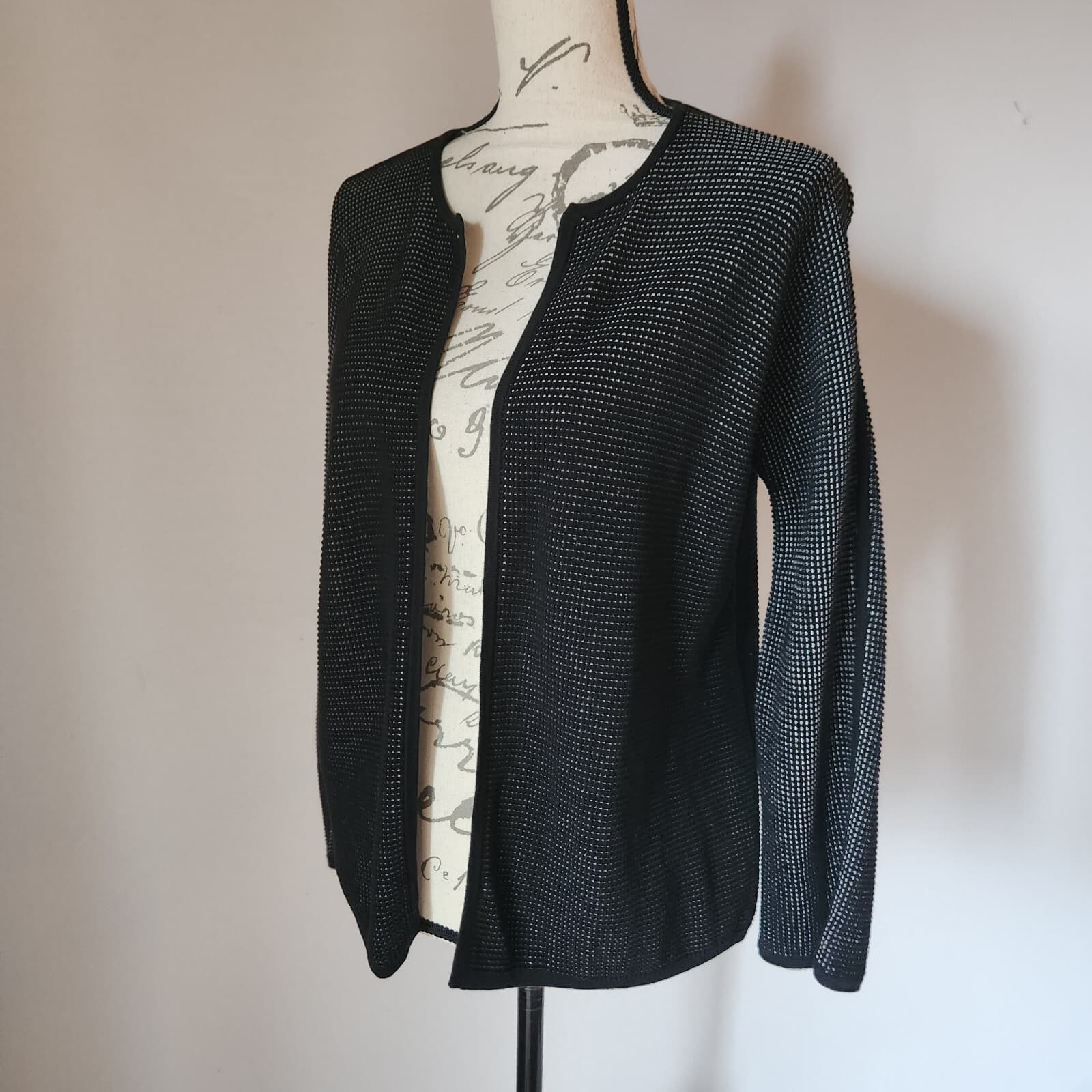 EILEEN FISHER Silk Organic Cotton Open Front Cardigan Texture Black Bust 40" (S) - Thumbnail 5