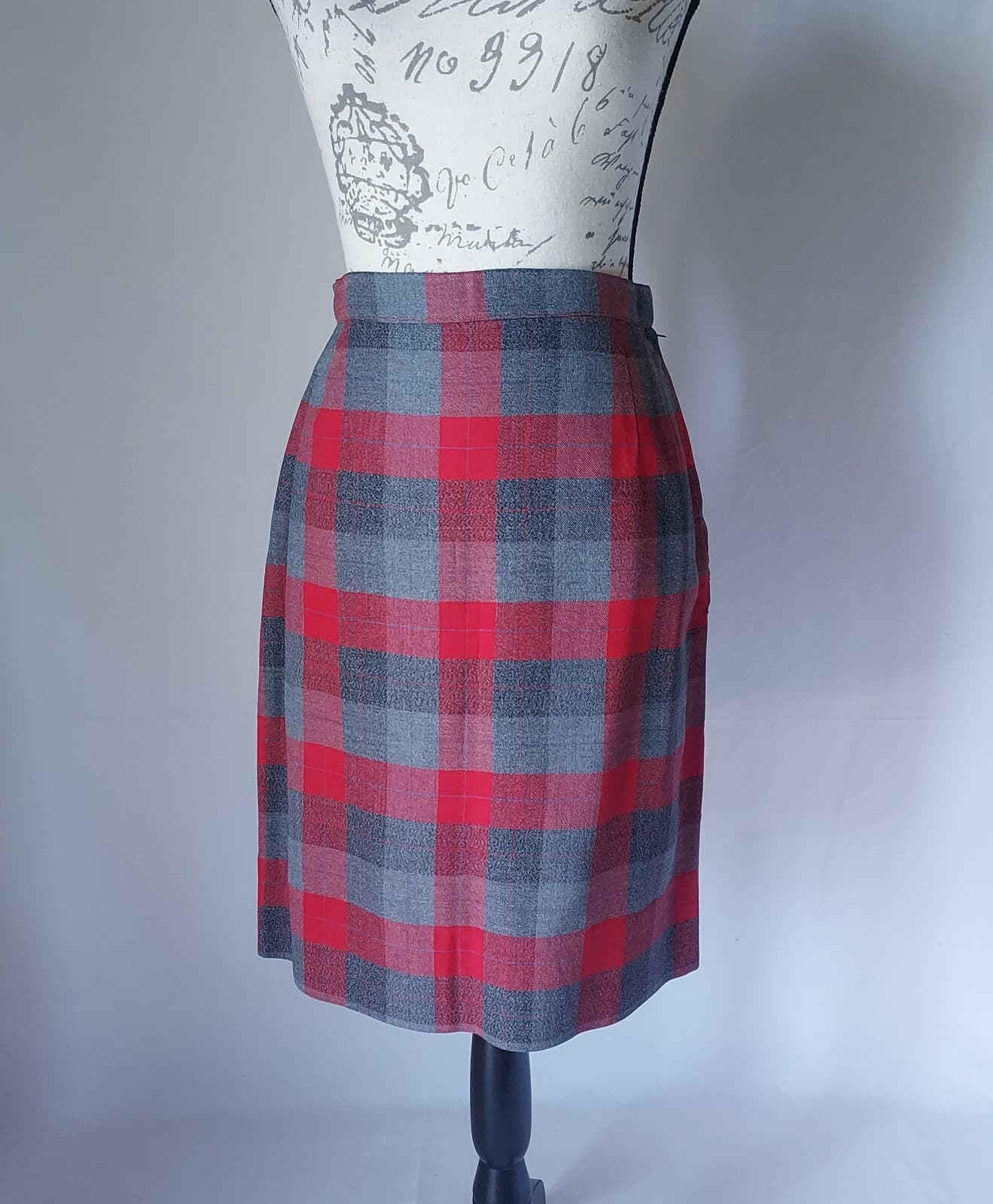 Vintage Custom Made Wool 2Pc Blazer Skirt Set Button Pencil Lined Red Plaid S/M - Thumbnail 4