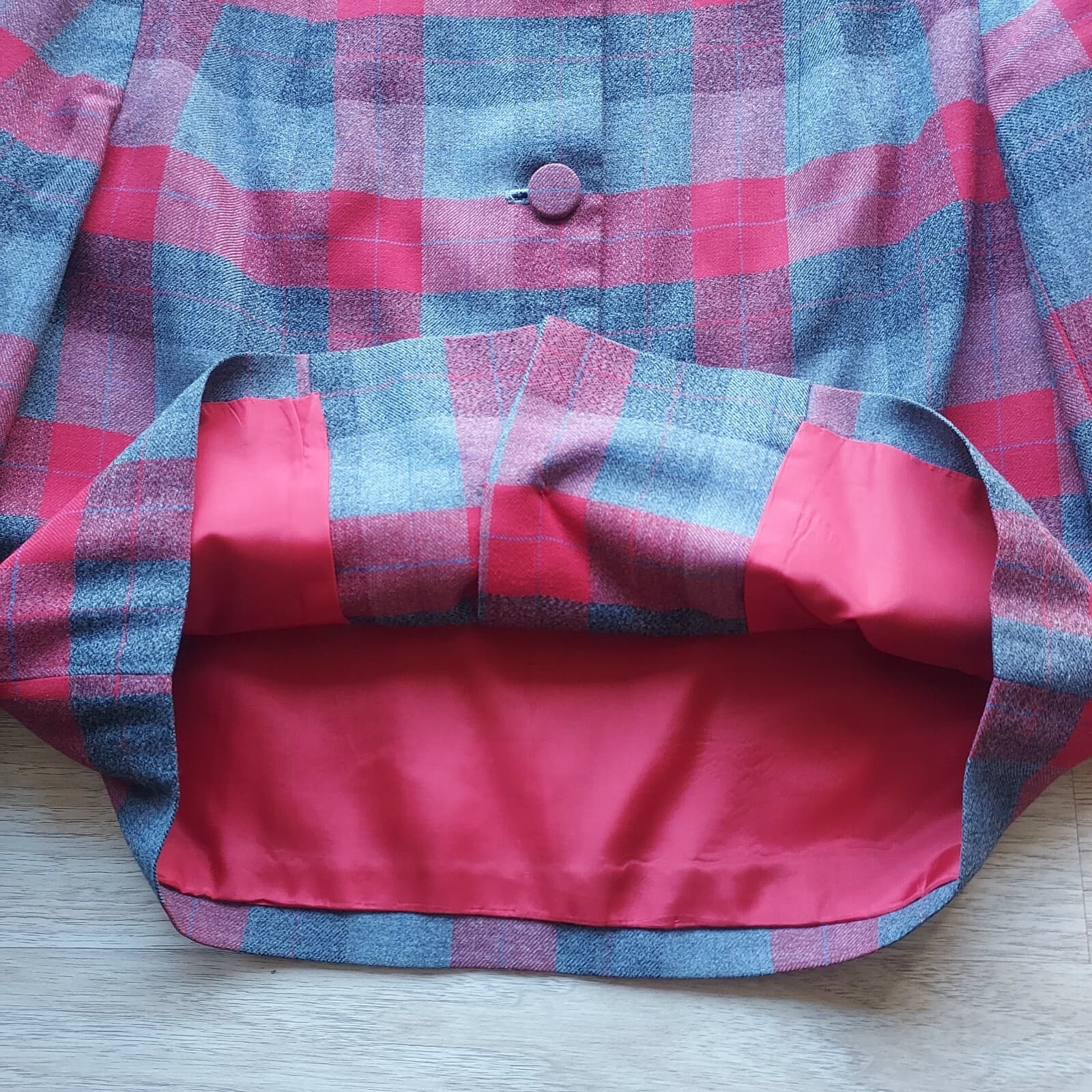 Vintage Custom Made Wool 2Pc Blazer Skirt Set Button Pencil Lined Red Plaid S/M - Thumbnail 7
