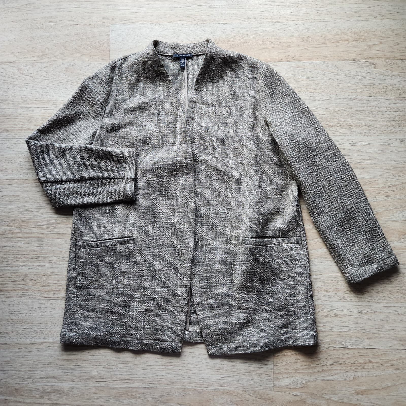 EILEEN FISHER Slub Tweed Open Front Jacket Pocket Cotton Blend Driftwood Sz.M - Thumbnail 3