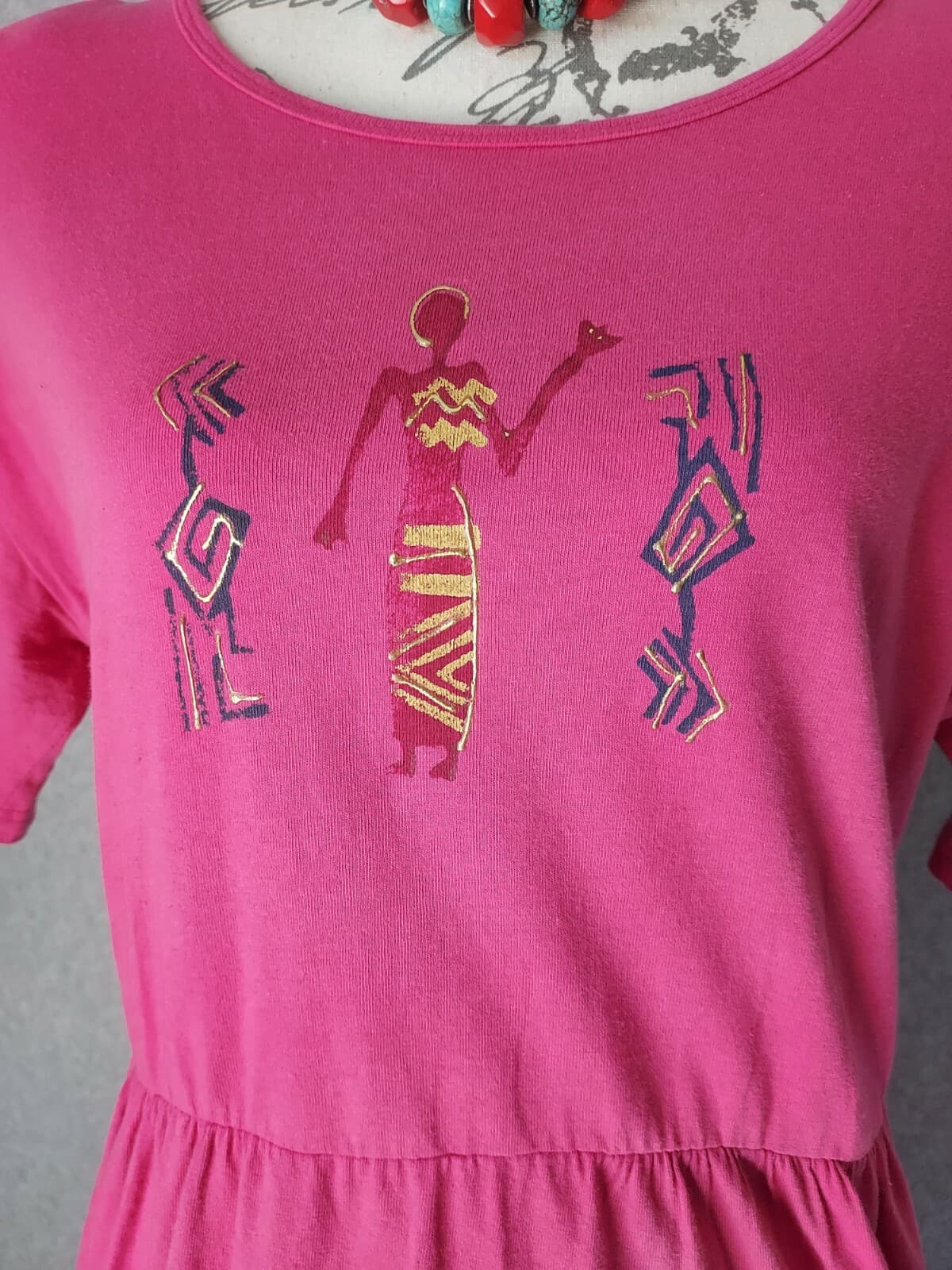 Vintage On The Rocks California Tribal Tunic Dress Short Sleeve Pink Sz.PL USA - Thumbnail 3