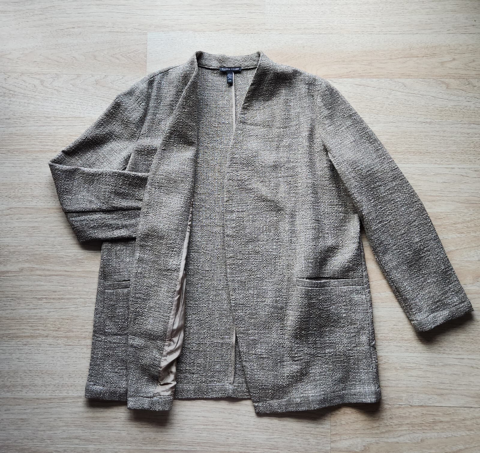 EILEEN FISHER Slub Tweed Open Front Jacket Pocket Cotton Blend Driftwood Sz.M - Thumbnail 9