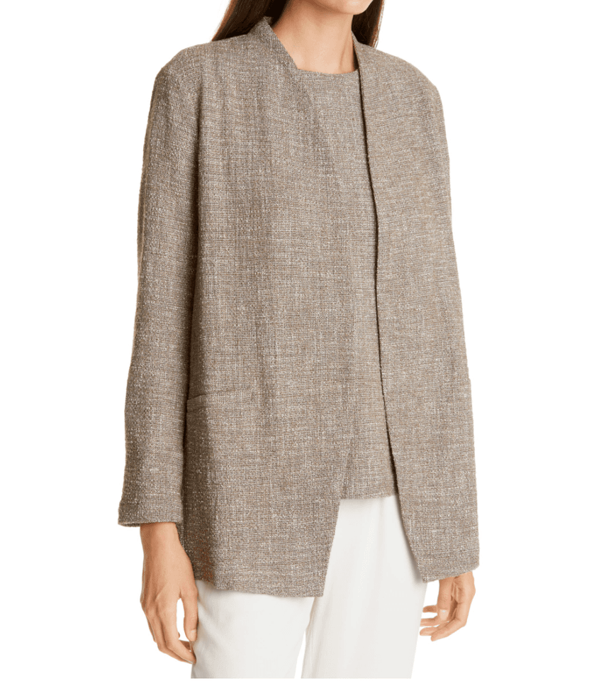 EILEEN FISHER Slub Tweed Open Front Jacket Pocket Cotton Blend Driftwood Sz.M - Thumbnail 5