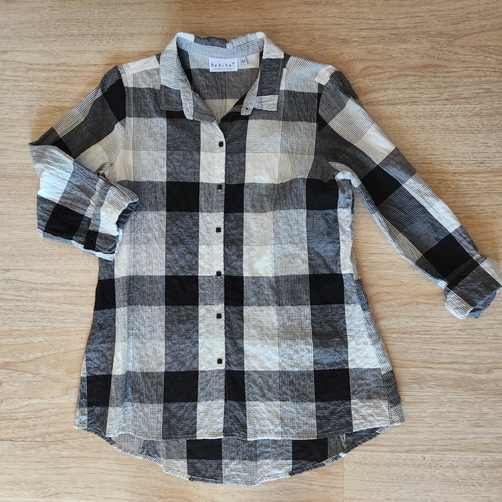 Habitat Chrinkle Lagenlook Plaid Shirt Button-Up 3/4 Sleeve Black White Womens S - Thumbnail 5
