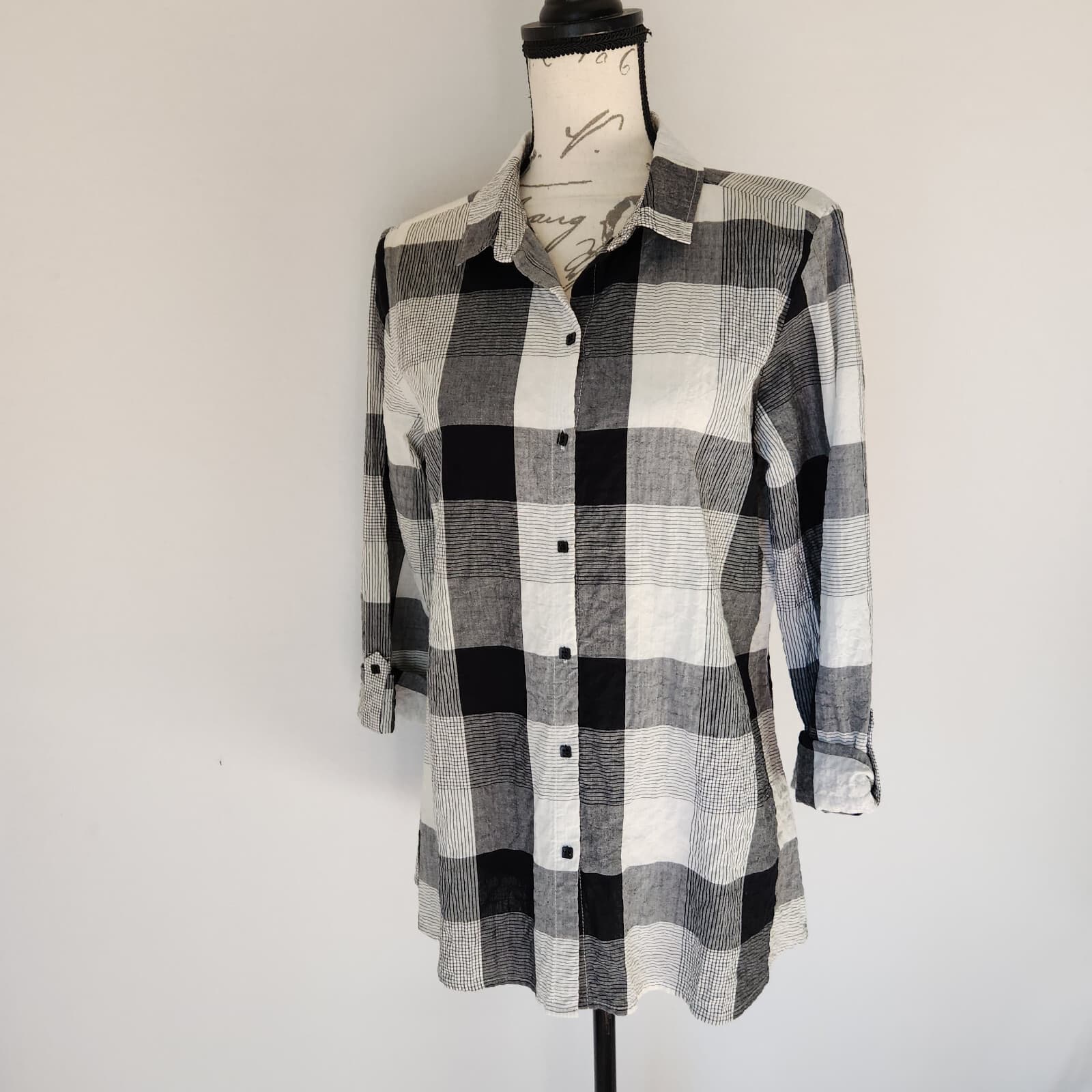 Habitat Chrinkle Lagenlook Plaid Shirt Button-Up 3/4 Sleeve Black White Womens S - Thumbnail 2