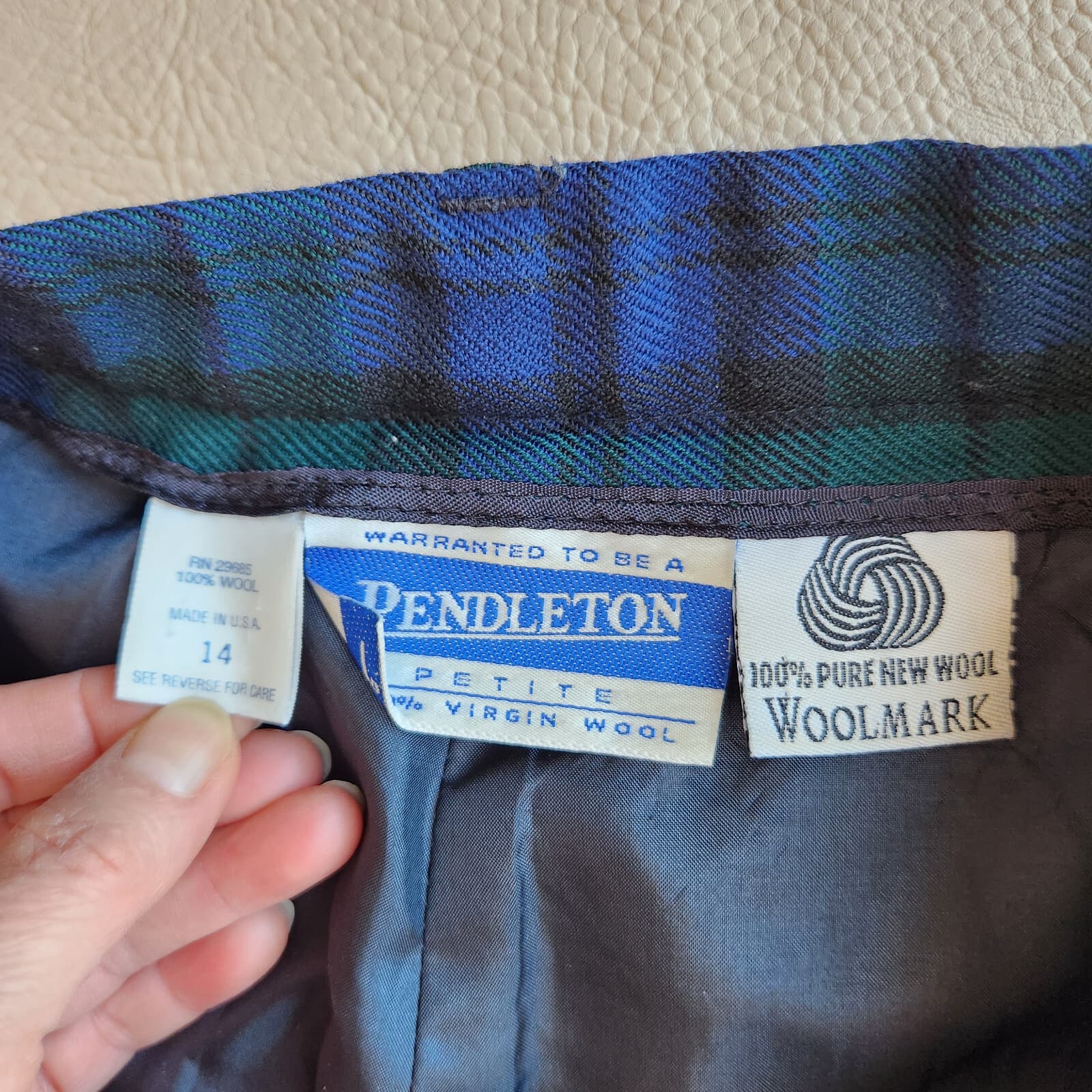 Vintage'90 Pendleton Wool Plaid Tartan Front Pleat Pants Pocket Blue Green Sz.14 - Thumbnail 7