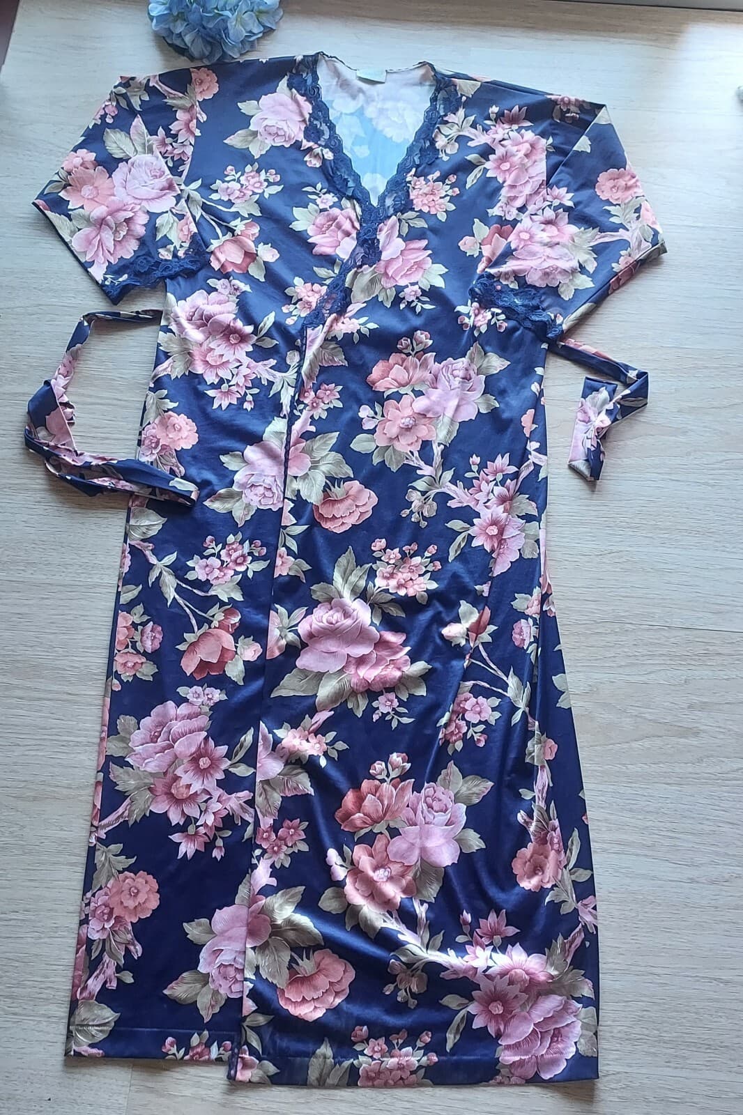 Vintage LORRAINE Floral Kimono Maxi Robe Lace Trim Multicolor Sz.1X Made in USA - Thumbnail 5