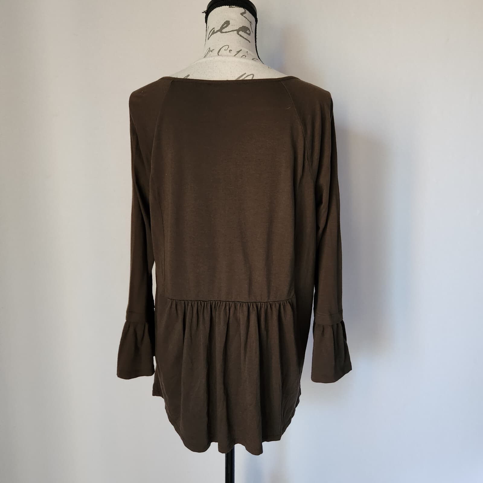 NWoT J.Jill Embroidered Peplum Boho Top Bell Sleeve Modal Blend Pine Green Sz.L - Thumbnail 6
