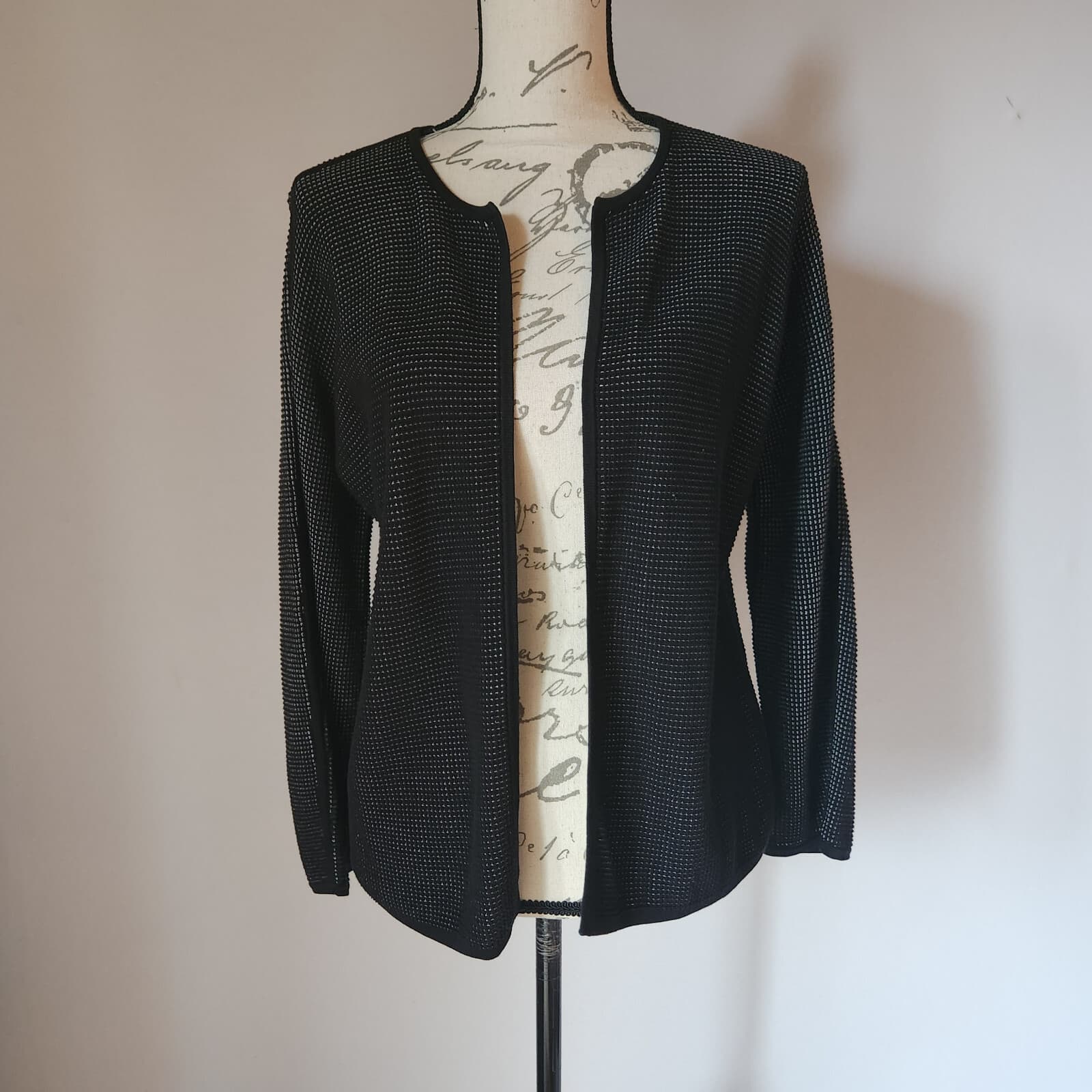 EILEEN FISHER Silk Organic Cotton Open Front Cardigan Texture Black Bust 40" (S) - Thumbnail 2