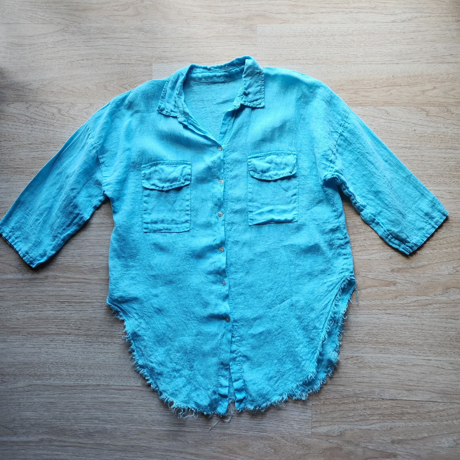 Made in Italy Linen Tunic Button-Down Shirt 3/4 Sleeve Frayed Hem Blue Bust 50" - Thumbnail 5