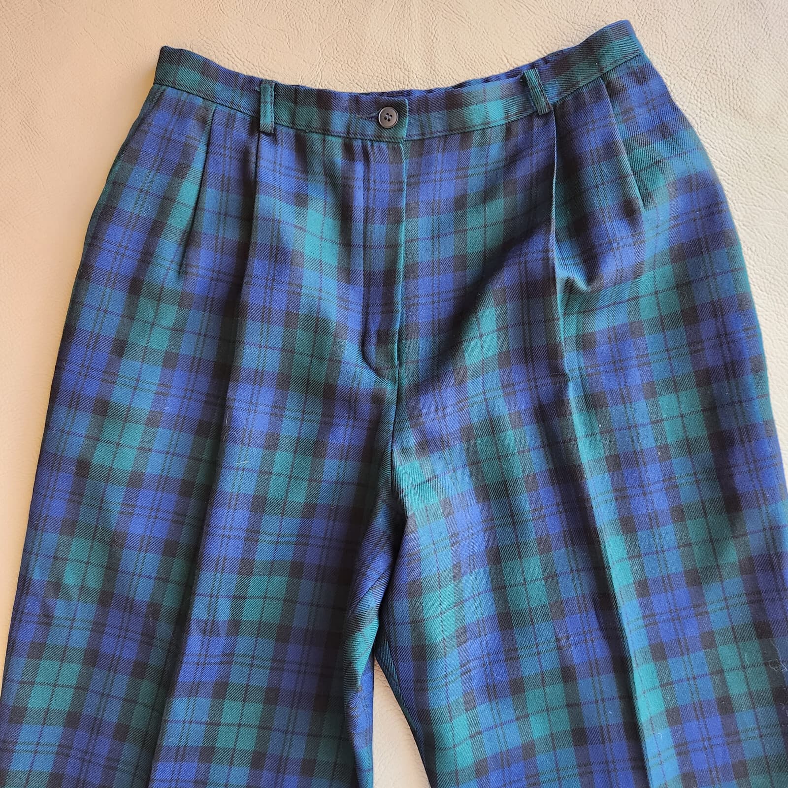 Vintage'90 Pendleton Wool Plaid Tartan Front Pleat Pants Pocket Blue Green Sz.14 - Thumbnail 4