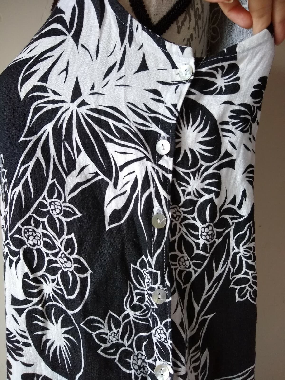MATCH Linen Midi Tunic Dress Sleeveless Floral Square Neck Black White Sz.12p - Thumbnail 6