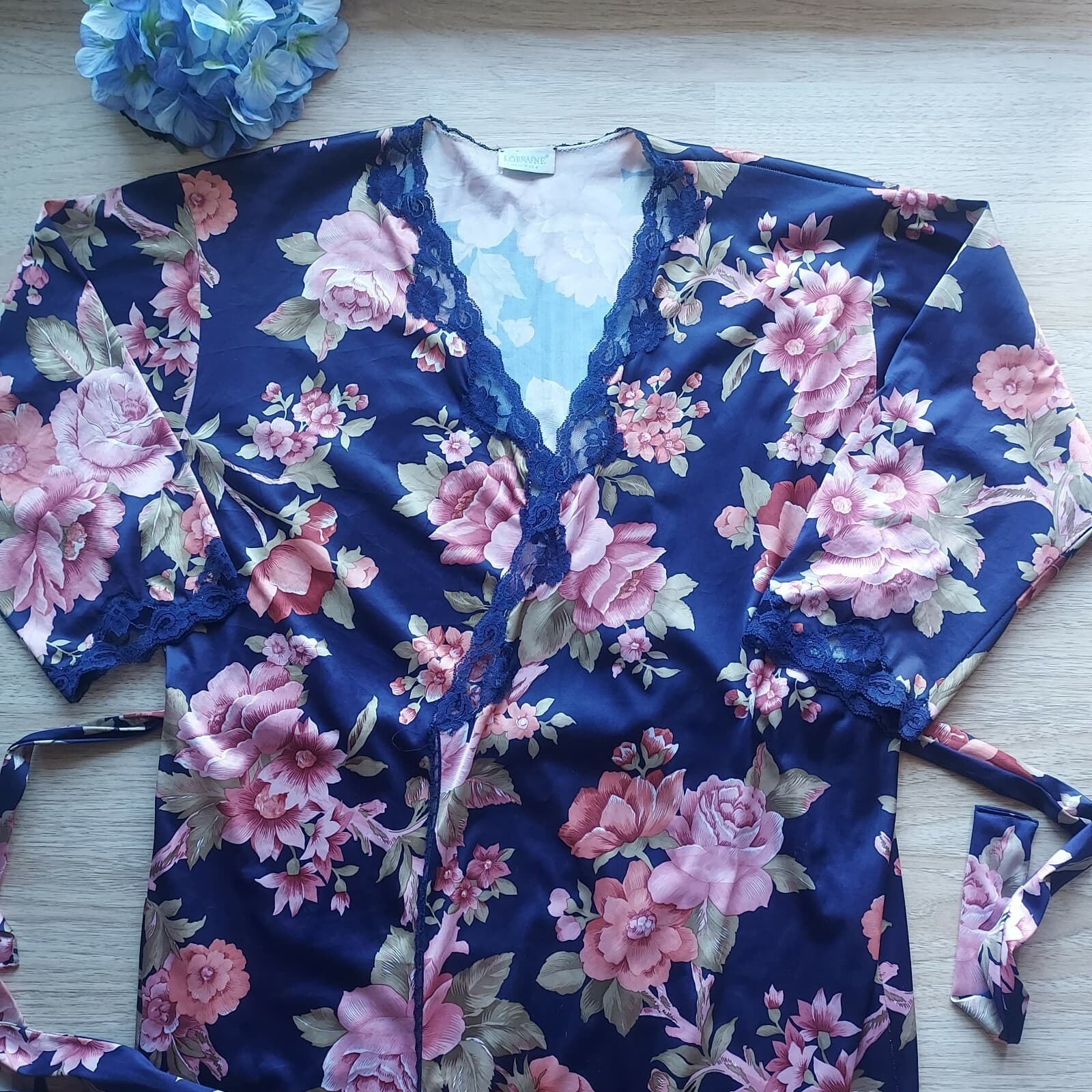 Vintage LORRAINE Floral Kimono Maxi Robe Lace Trim Multicolor Sz.1X Made in USA - Thumbnail 6